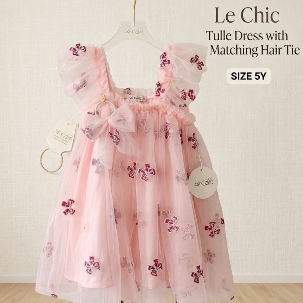 Le Chic Pink Tulle Dress w/ Red/Silver Bow Embroidery w/Hair Tie, S5Y, NWT